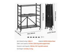 Estante Plegable SucceBuy Estantería Plegable de 3 Niveles, 76 x 33 x 91 cm, Metal Resistente, con 5 Ruedas y 4 Ganchos, para Cocina, Despensa. Color Negro