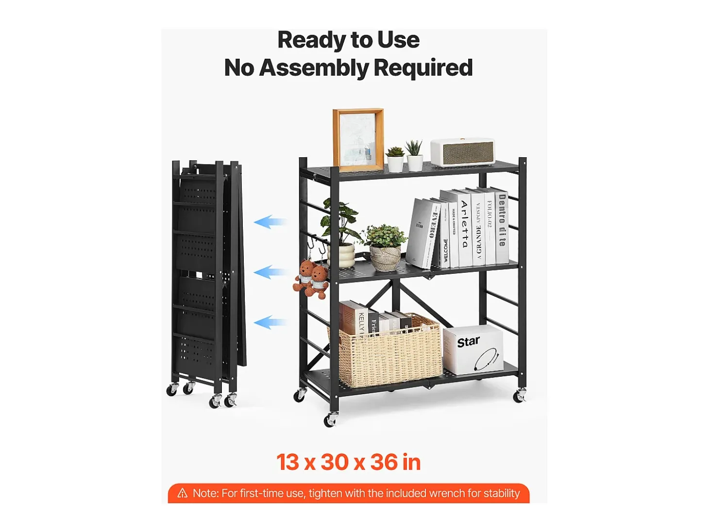 Estante Plegable SucceBuy Estantería Plegable de 3 Niveles, 76 x 33 x 91 cm, Metal Resistente, con 5 Ruedas y 4 Ganchos, para Cocina, Despensa. Color Negro
