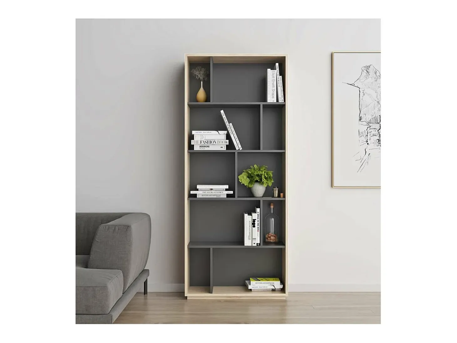 Estantería 5 alturas modelo 545 acabado roble claro/grafito. 191 cm(alto), 80 cm(ancho),