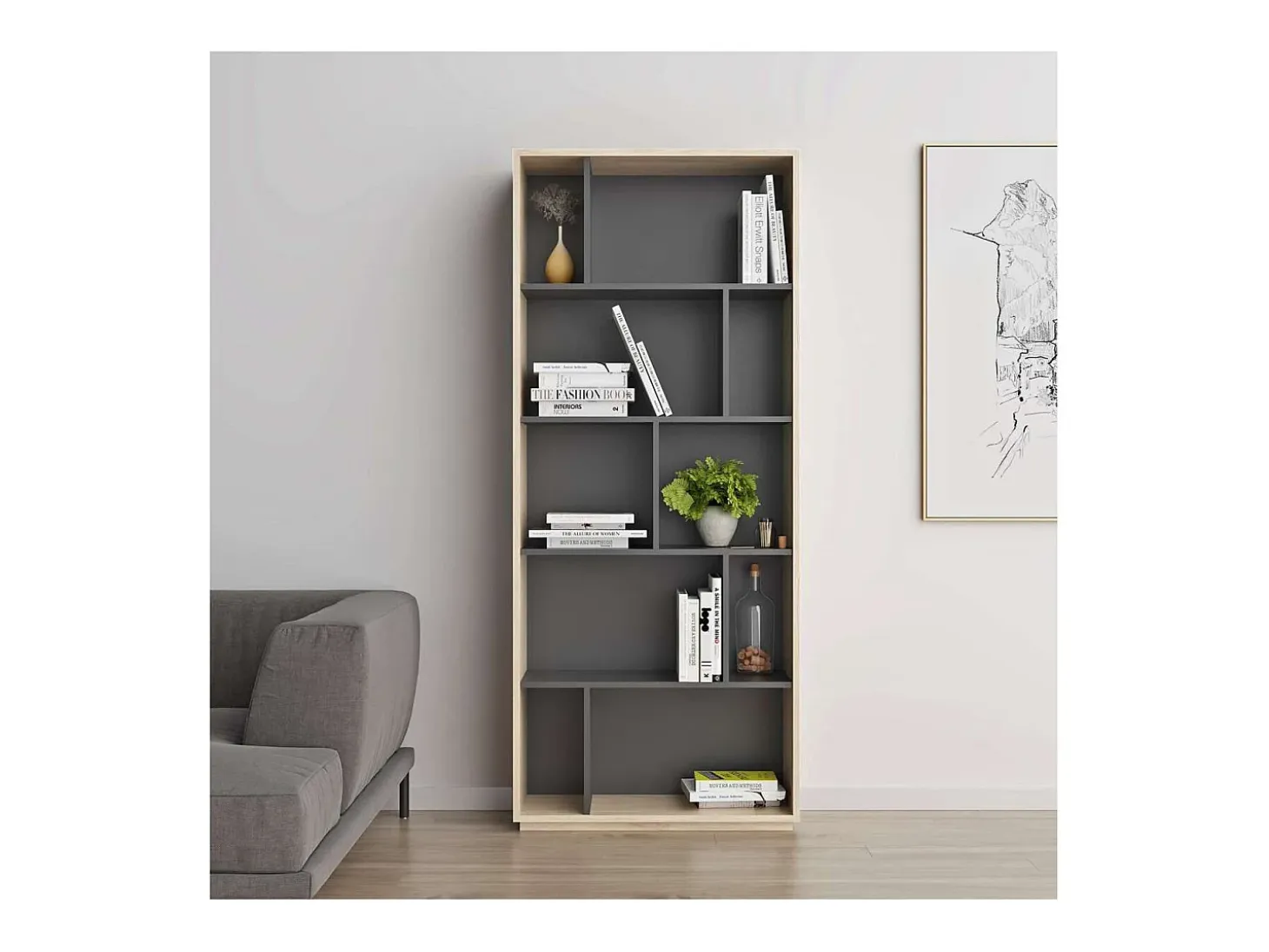 Estantería 5 alturas modelo 545 acabado roble claro/grafito. 191 cm(alto), 80 cm(ancho),