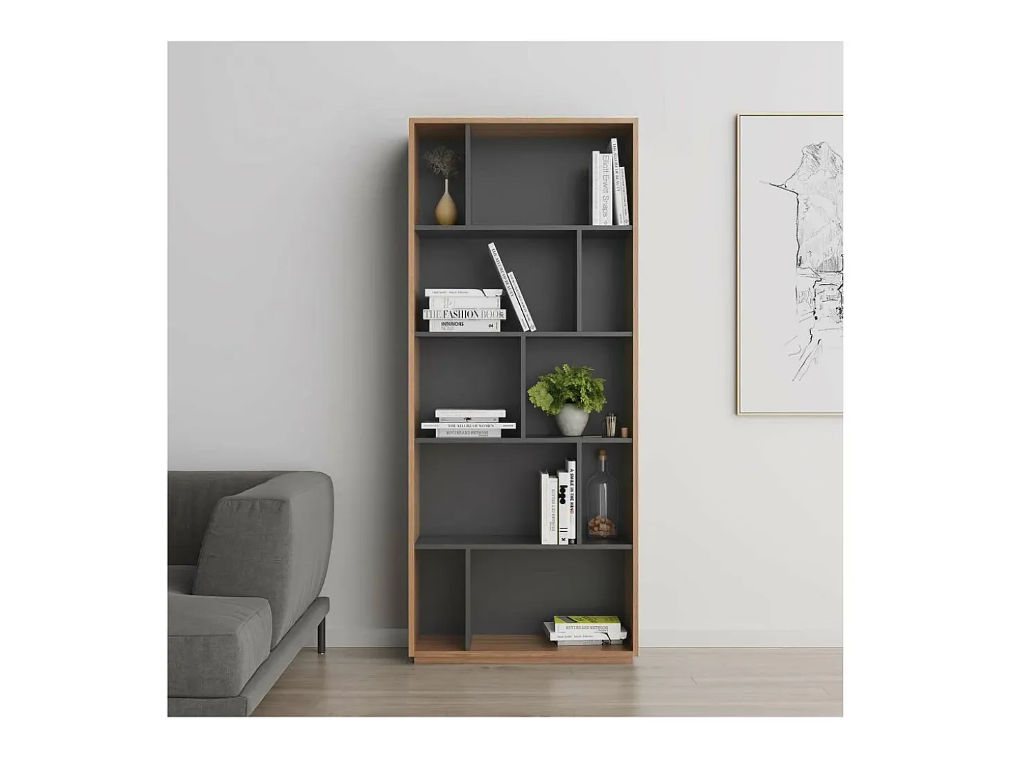 Estantería 5 alturas modelo 545 acabado nogal claro/grafito. 191 cm(alto), 80 cm(ancho),
