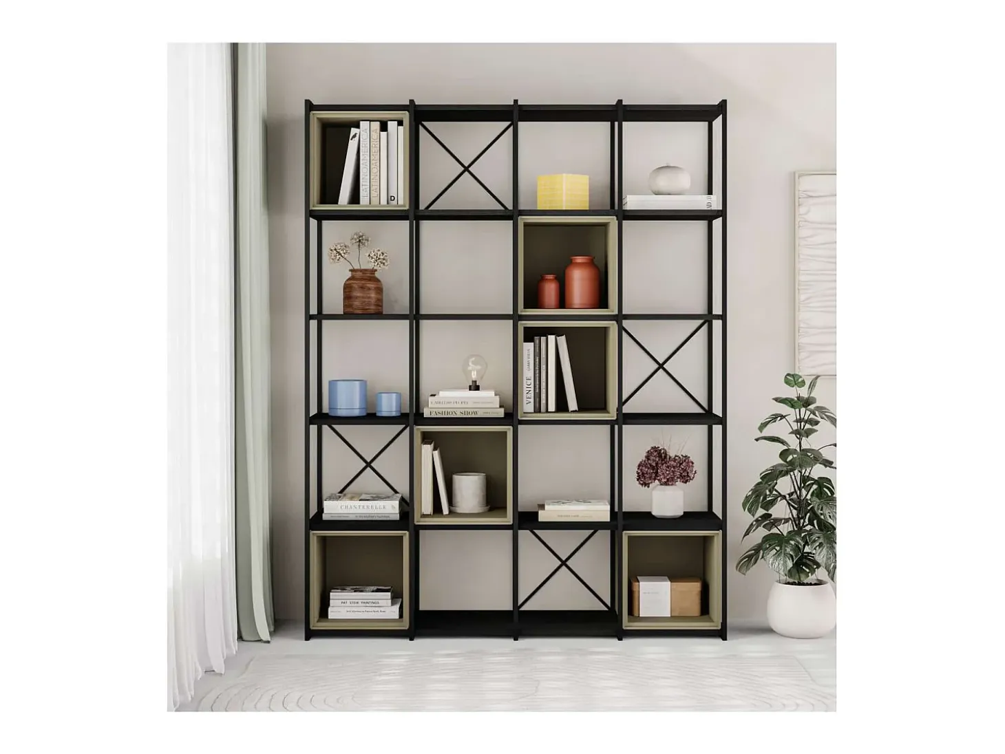 Estantería 5 cubos y estantes modelo Berta-140 acabado negro/verde, 179cm(alto) 140cm(anc