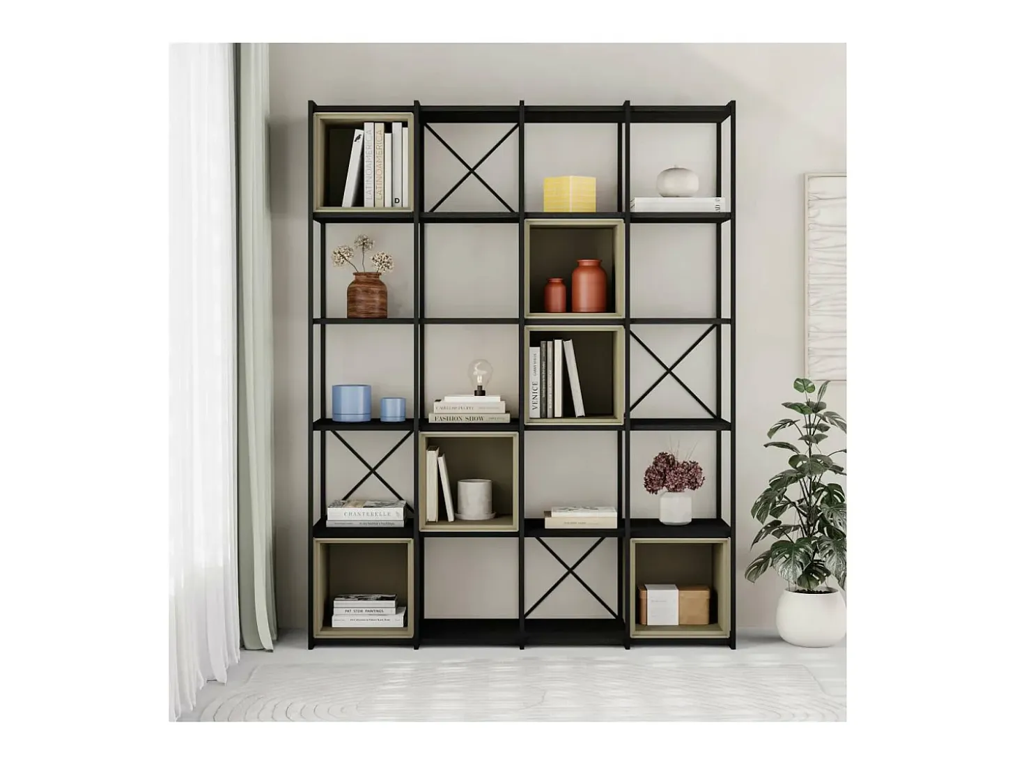 Estantería 5 cubos y estantes modelo Berta-140 acabado negro/verde, 179cm(alto) 140cm(anc
