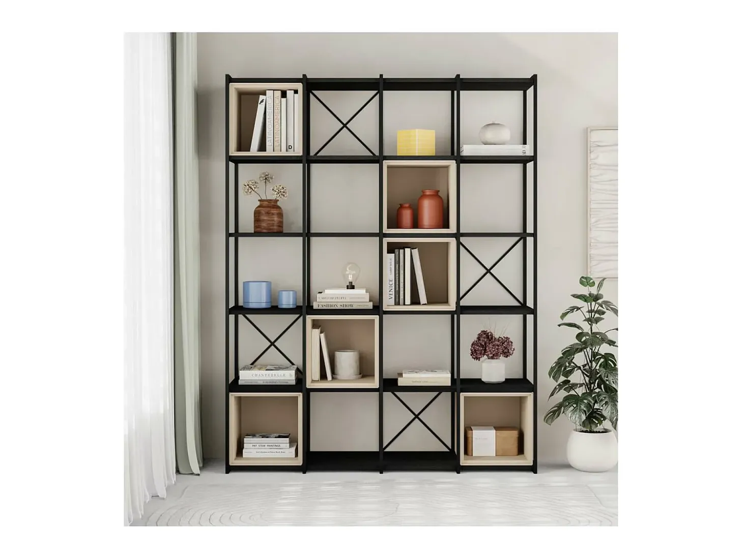 Estantería 5 cubos y estantes modelo Berta-140 acabado negro/crema, 179cm(alto) 139.5cm(a