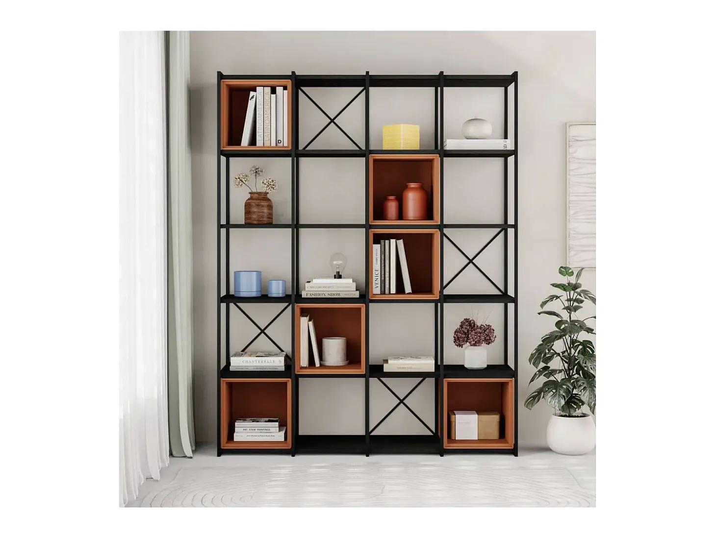 Estantería 5 cubos y estantes modelo Berta-140 acabado negro/terracota, 179cm(alto) 139.5