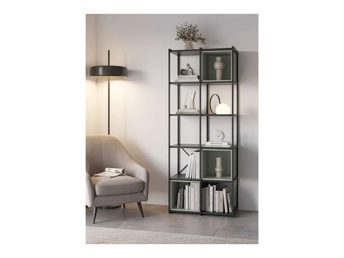 Estantería 3 cubos y estantes modelo Berta-70 acabado negro/verde, 179cm(alto) 70cm(ancho