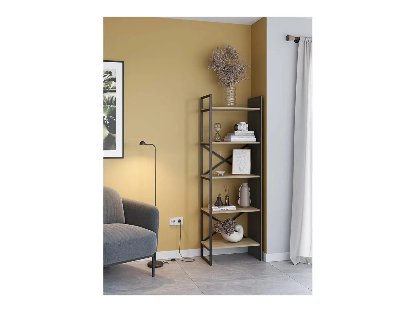 Estantería 5 estantes modelo Eva-58 acabado roble/negro, 175cm(alto) 58cm(ancho) 35cm(lar