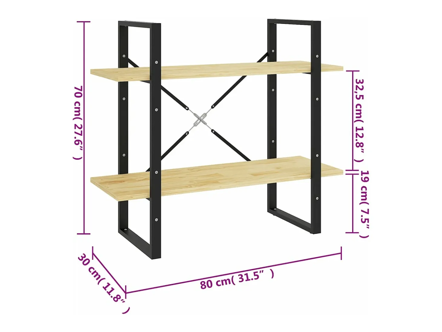 Estantería 2 niveles madera maciza de pino 80x30x70 cm