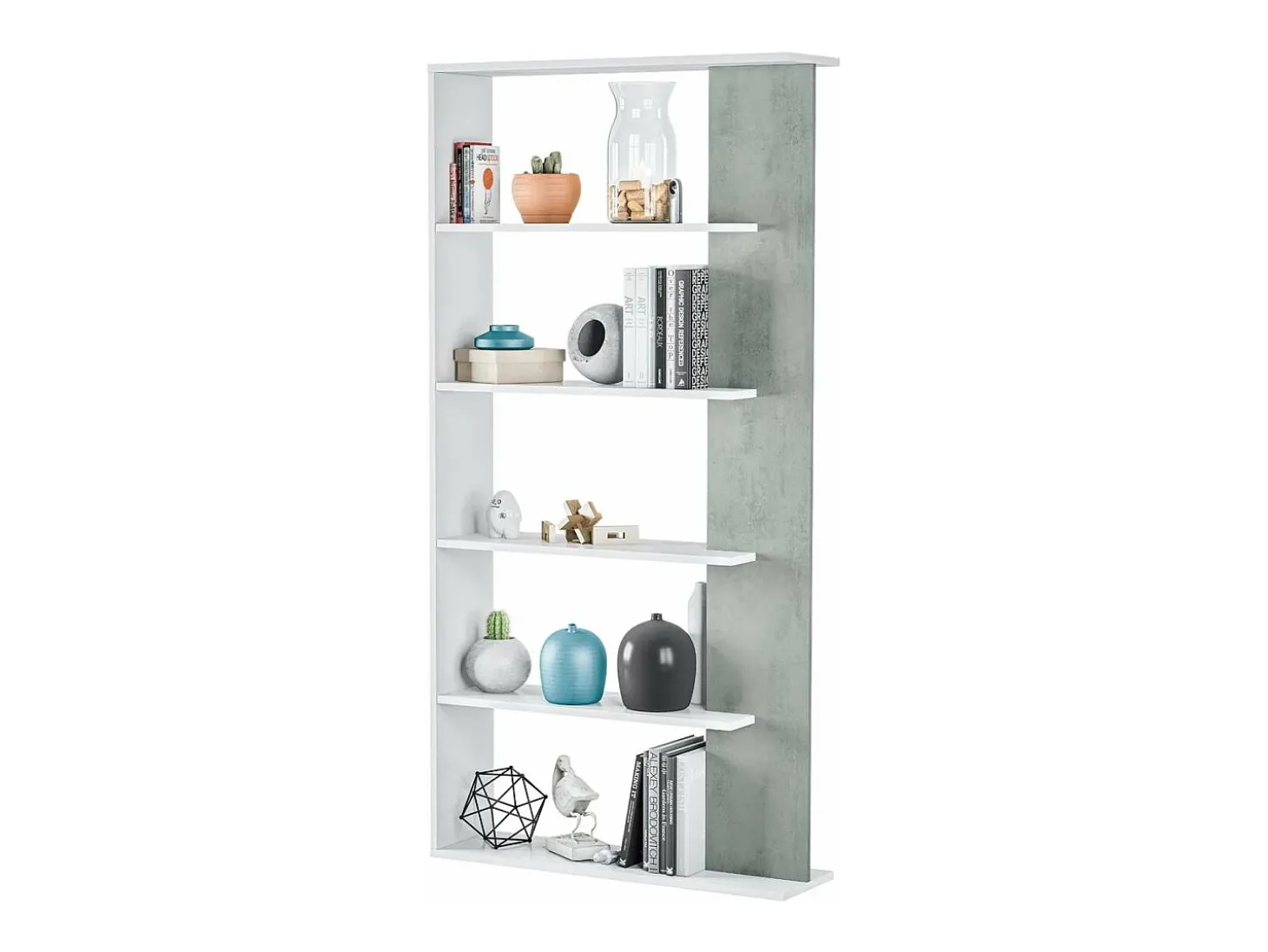 Estantería alta Cairo en blanco artik y cemento, 180cm(alto) 90cm(ancho) 25cm(fondo) .