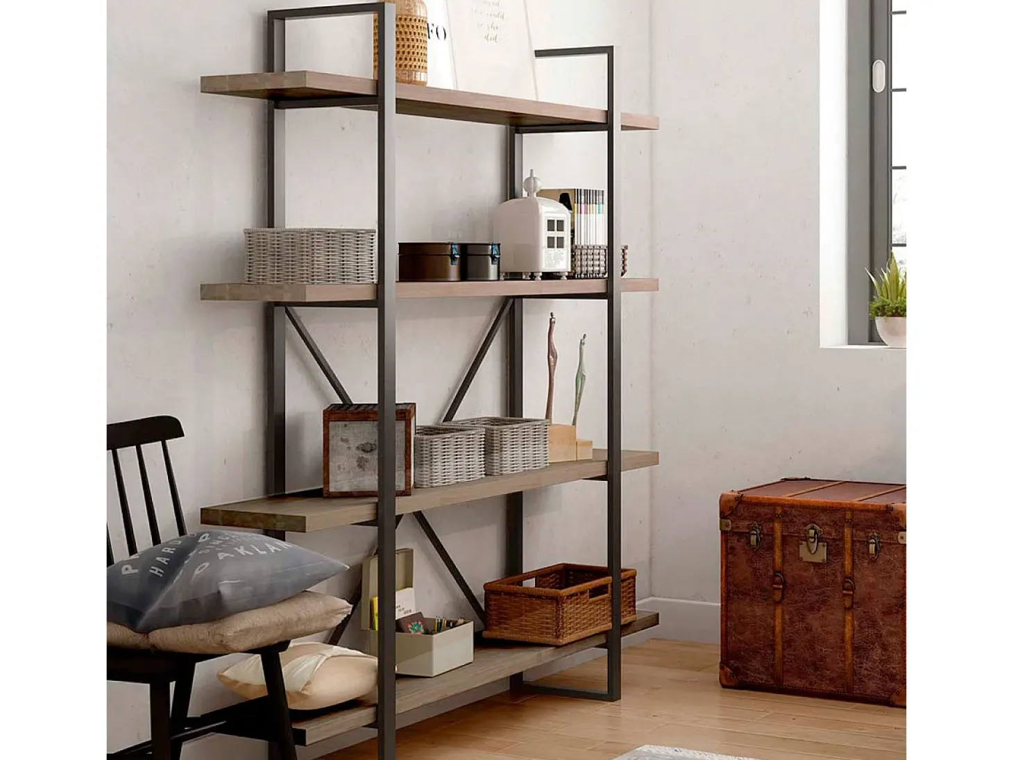 Estantería alta Plank roble American/negro 150x35x180 cm Adec