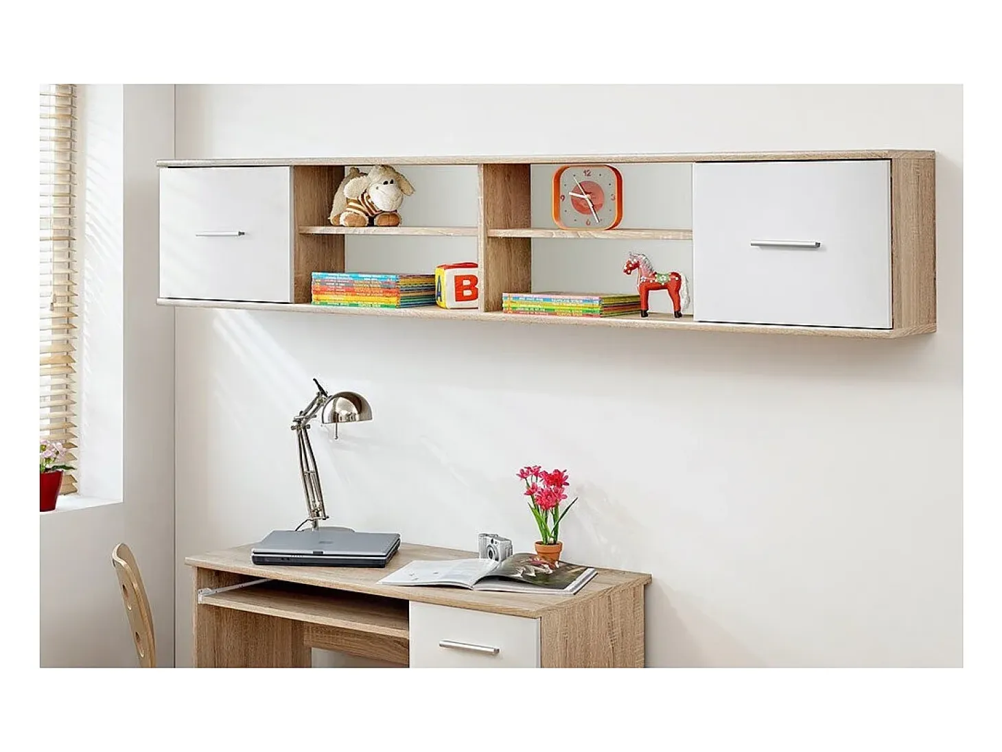 Estantería colgante DENVER – Roble y blanco – 2 puertas y 4 nichos – Almacenamiento de pared de diseño