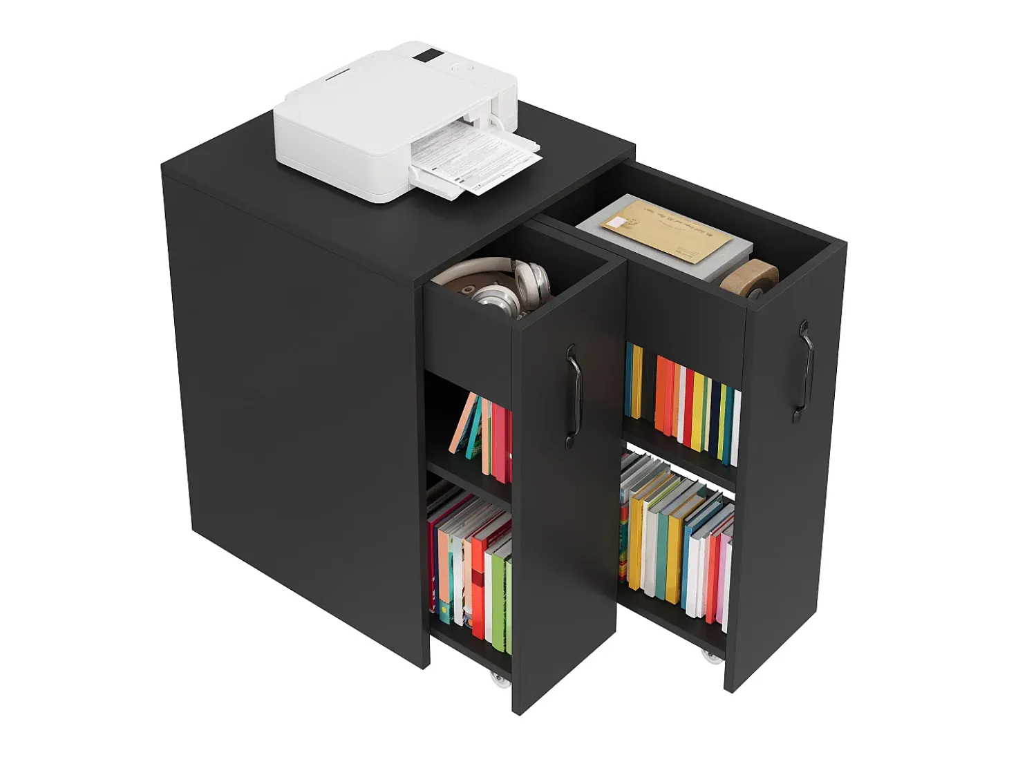 Estantería con ruedas - Mueble lateral móvil - Cajones laterales deslizantes - Lados izquierdo y derecho intercambiables - Negro