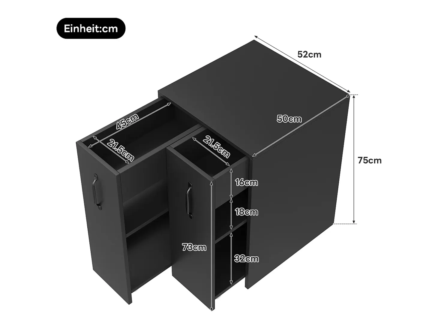 Estantería con ruedas - Mueble lateral móvil - Cajones laterales deslizantes - Lados izquierdo y derecho intercambiables - Negro
