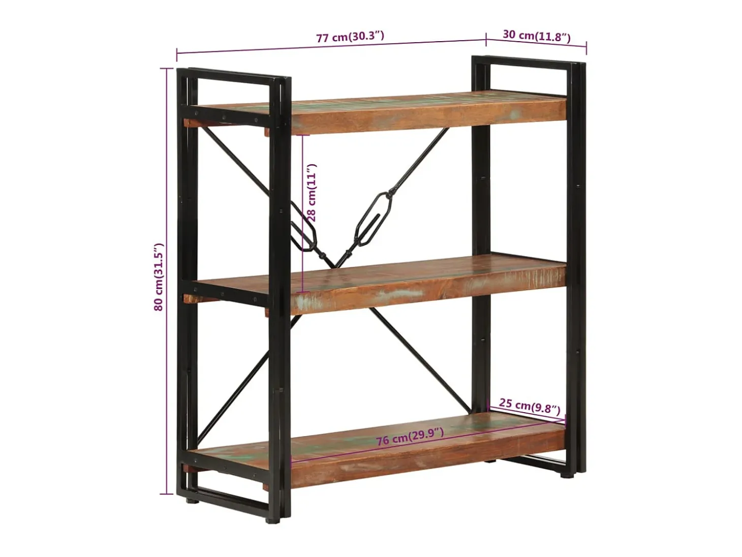 Estantería de 3 alturas hierro y madera reciclada 77x30x80cm