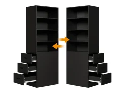 Estantería de 180 cm de alto - con 3 cajones laterales - Estantes ajustables - Reversible izquierdo/derecho - Negro