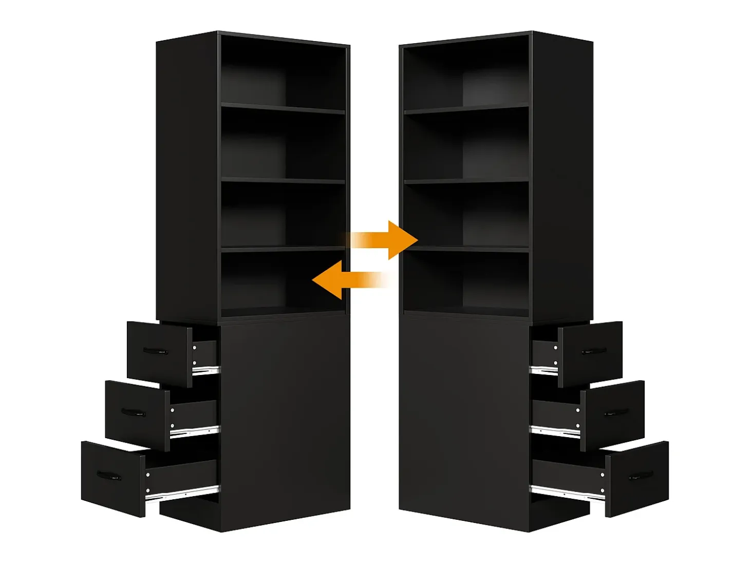 Estantería de 180 cm de alto - con 3 cajones laterales - Estantes ajustables - Reversible izquierdo/derecho - Negro