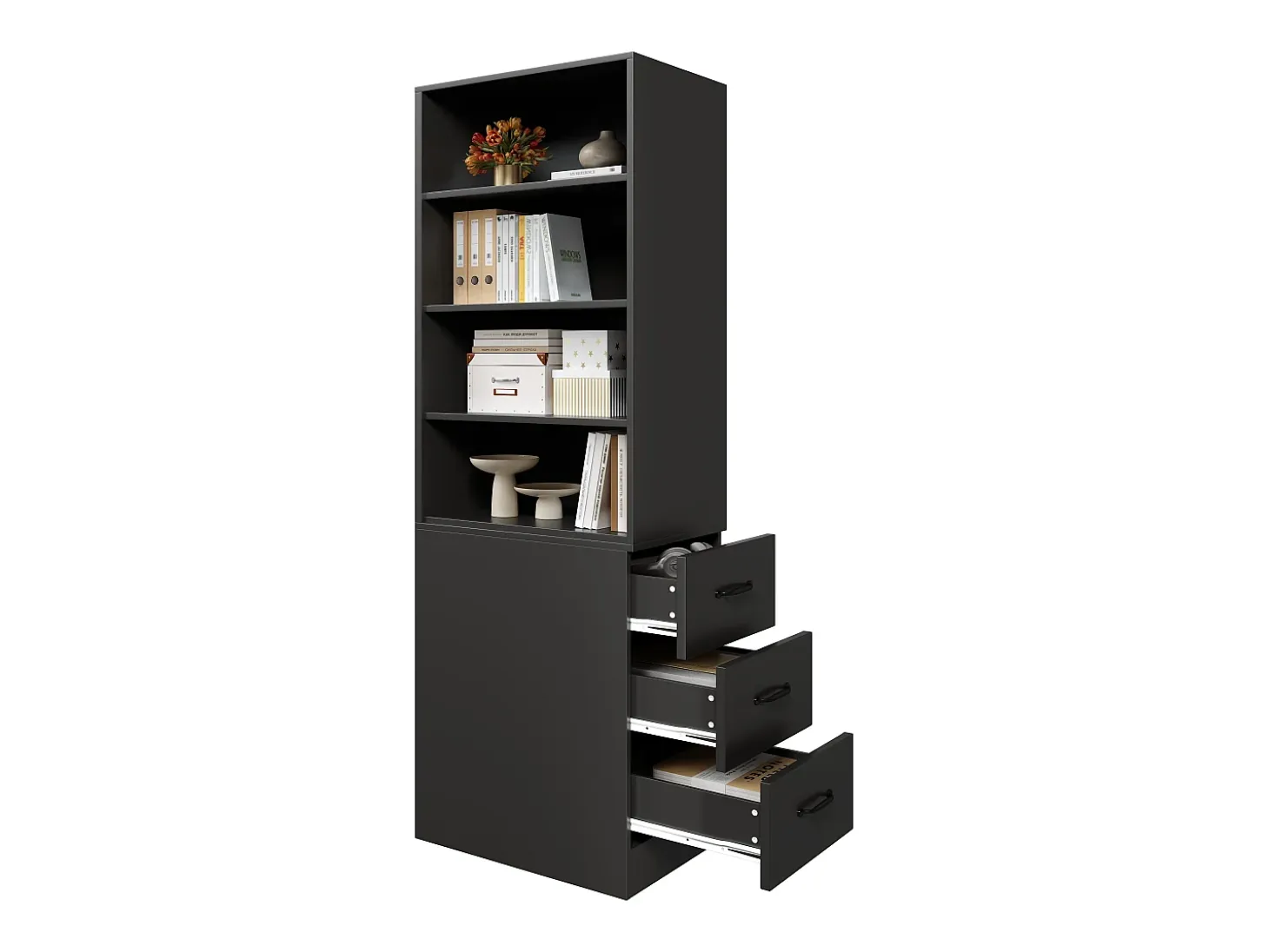 Estantería de 180 cm de alto - con 3 cajones laterales - Estantes ajustables - Reversible izquierdo/derecho - Negro