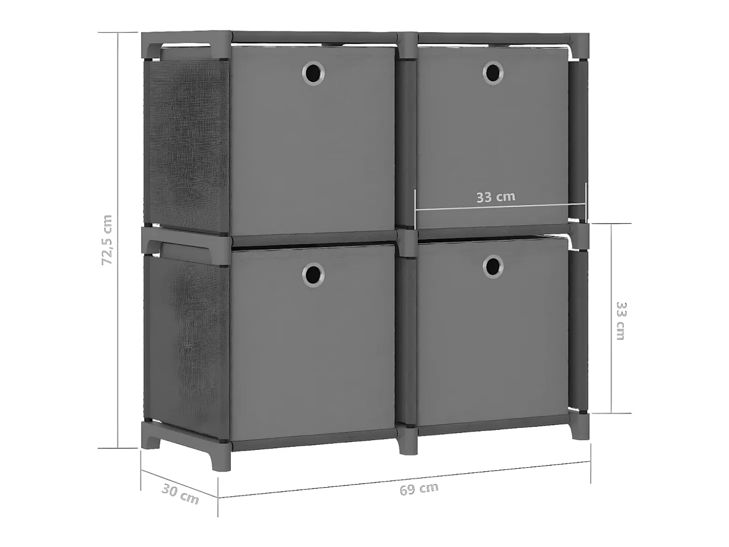Estantería de 4 cubos con cajas tela gris 69x30x72,5 cm
