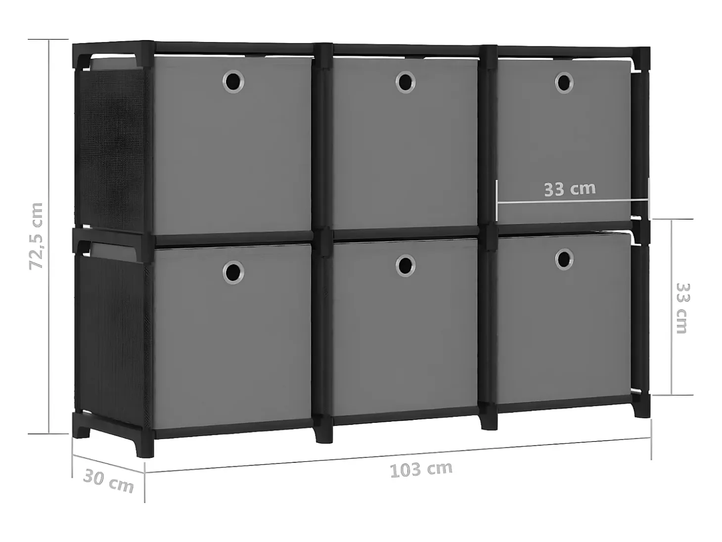 Estantería de 6 cubos con cajas tela negra 103x30x72,5 cm