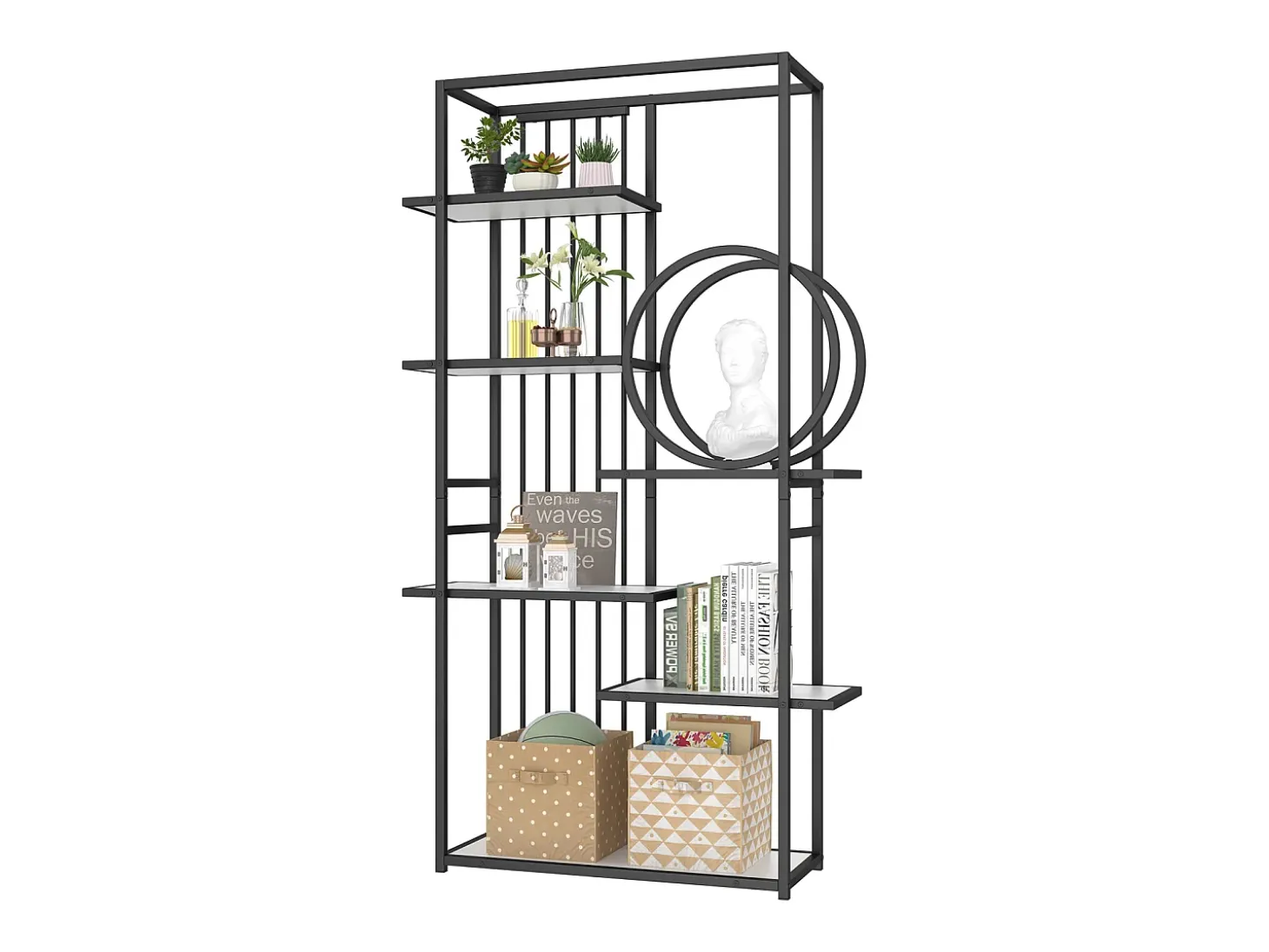 Estantería de 6 niveles - estructura geométrica, diseño circular - 80 x 30 x 180 cm - blanco y negro