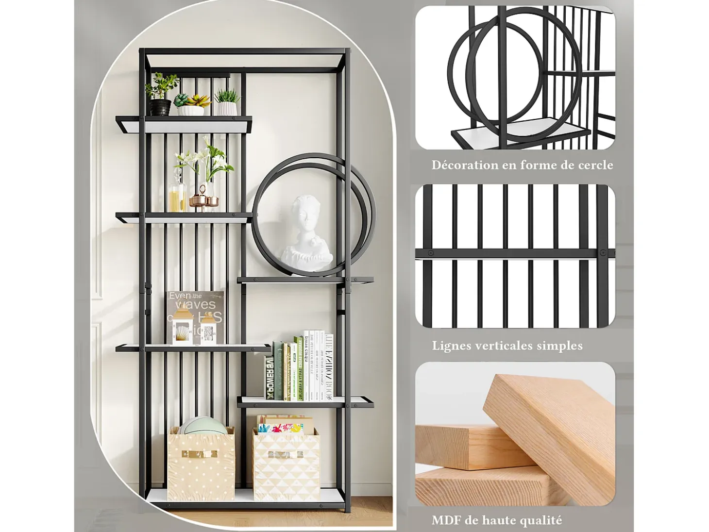 Estantería de 6 niveles - estructura geométrica, diseño circular - 80 x 30 x 180 cm - blanco y negro
