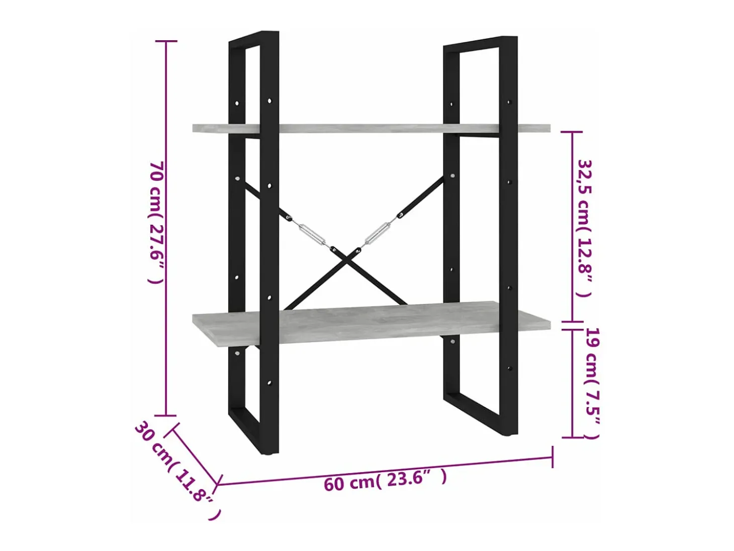Estantería de 2 niveles contrachapada gris hormigón 60x30x70 cm