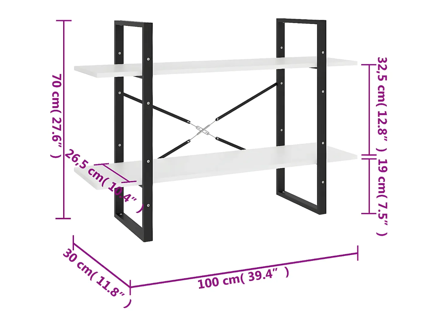 Estantería de 2 niveles madera contrachapada blanco 100x30x70cm