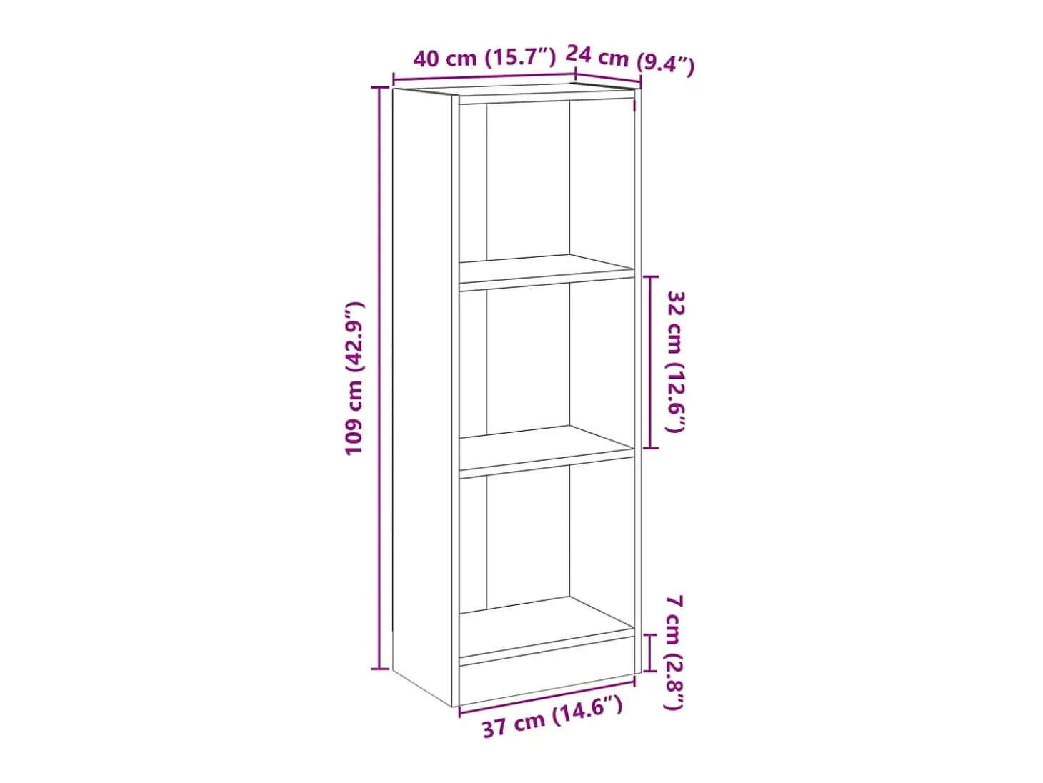 Estantería de 3 niveles madera contrachapada gris 40x24x108 cm