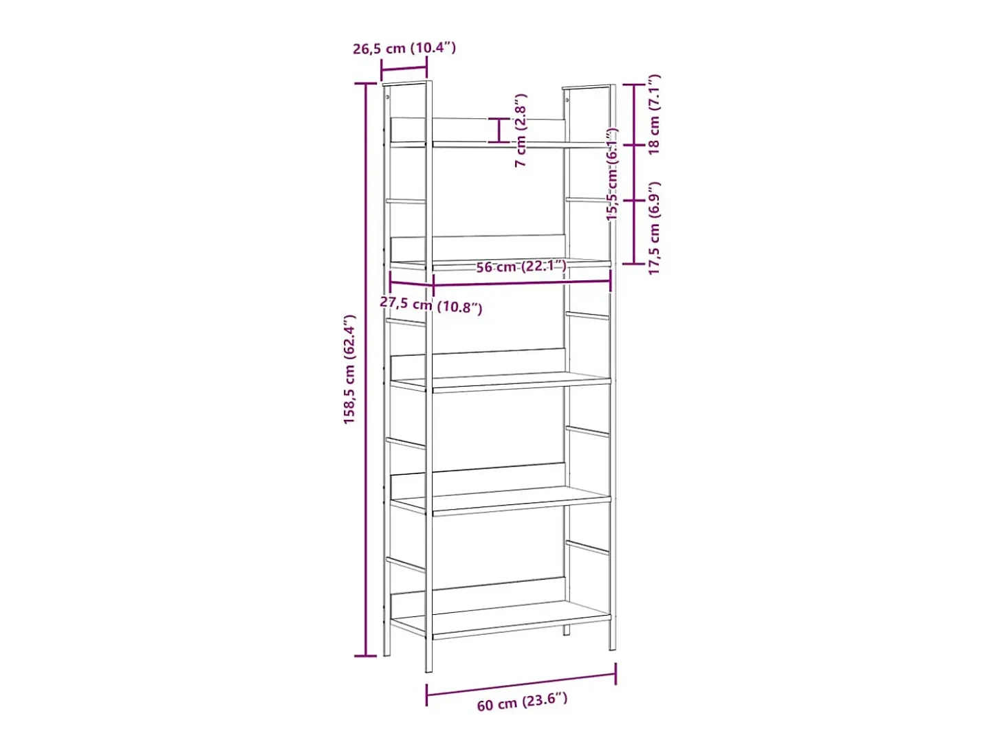 Estantería de 5 niveles madera ingeniería negro 60x27,6x158,5cm