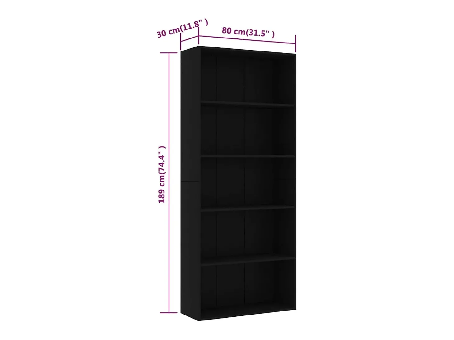 Estantería de 5 niveles madera contrachapada negra 80x30x189 cm