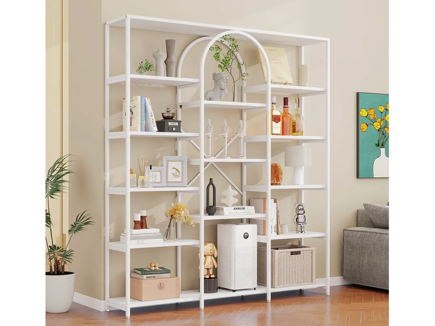 Estantería de acero y MDF de 160 x 30 x 180 cm - Diseño rectangular y arqueado - Color blanco