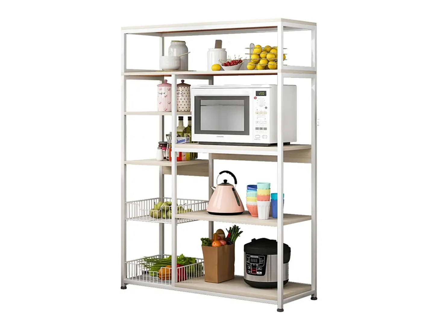 Estantería de Cocina, Estantería para Microondas, Estante Abierto de Pie 2 Mallas metálicas y múltiples Estantes 80x30x142cm, Color Blanco y Madera