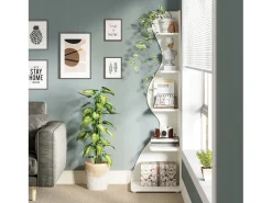 Estantería de esquina moderna de 5 niveles, estantería de esquina pequeña y elegante, unidad organizadora de soporte para plantas con forma única, color blanco