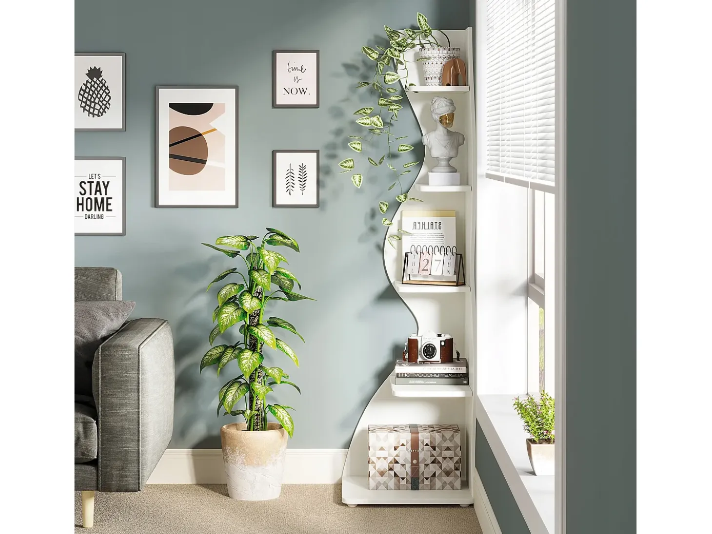 Estantería de esquina moderna de 5 niveles, estantería de esquina pequeña y elegante, unidad organizadora de soporte para plantas con forma única, color blanco