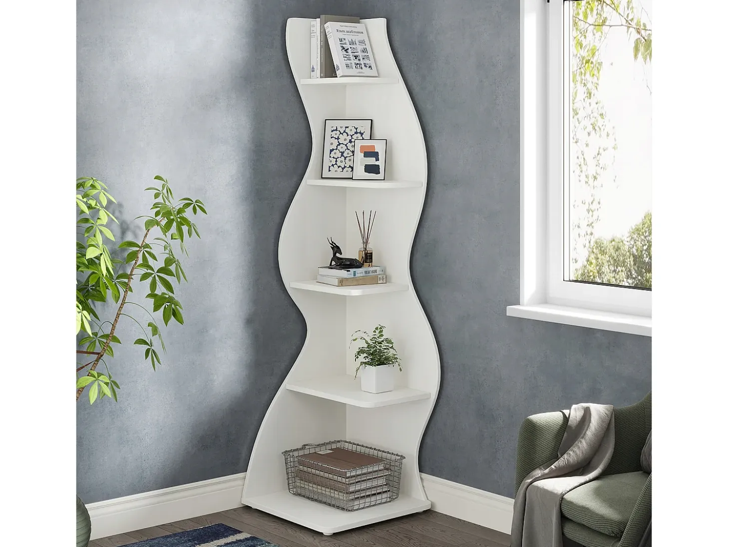 Estantería de esquina moderna de 5 niveles, estantería de esquina pequeña y elegante, unidad organizadora de soporte para plantas con forma única, color blanco