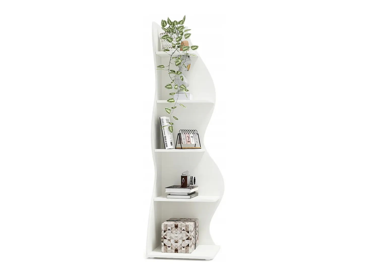 Estantería de esquina moderna de 5 niveles, estantería de esquina pequeña y elegante, unidad organizadora de soporte para plantas con forma única, color blanco