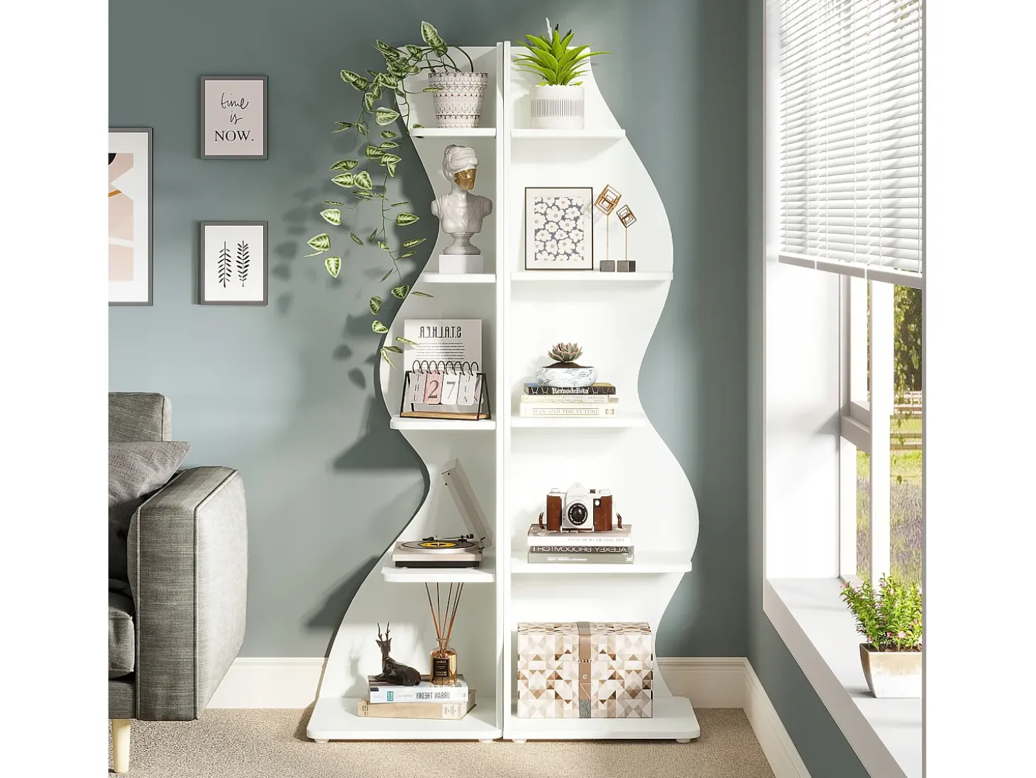Estantería de esquina moderna de 5 niveles, estantería de esquina pequeña y elegante, unidad organizadora de soporte para plantas con forma única, color blanco