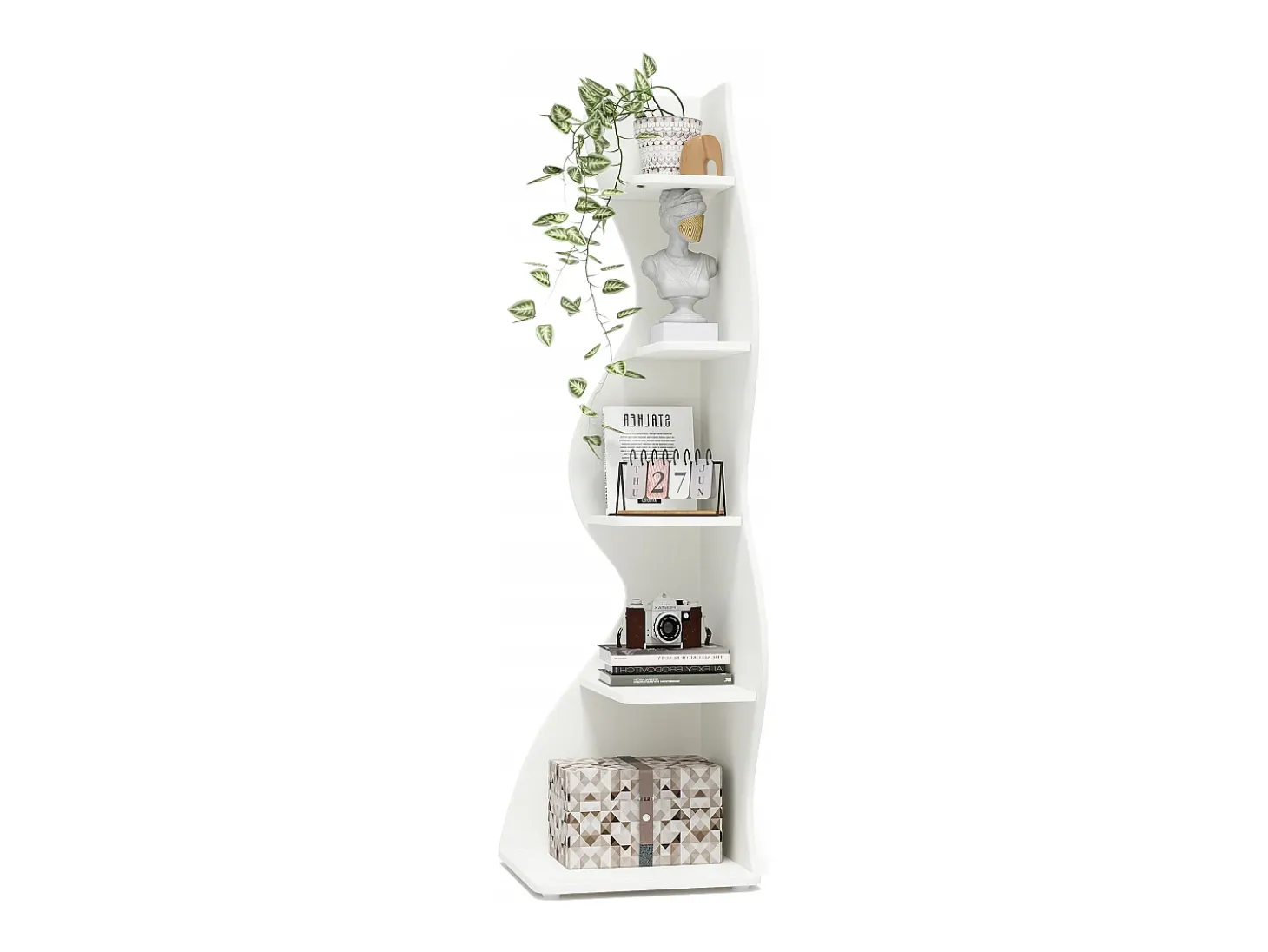 Estantería de esquina moderna de 5 niveles, estantería de esquina pequeña y elegante, unidad organizadora de soporte para plantas con forma única, color blanco