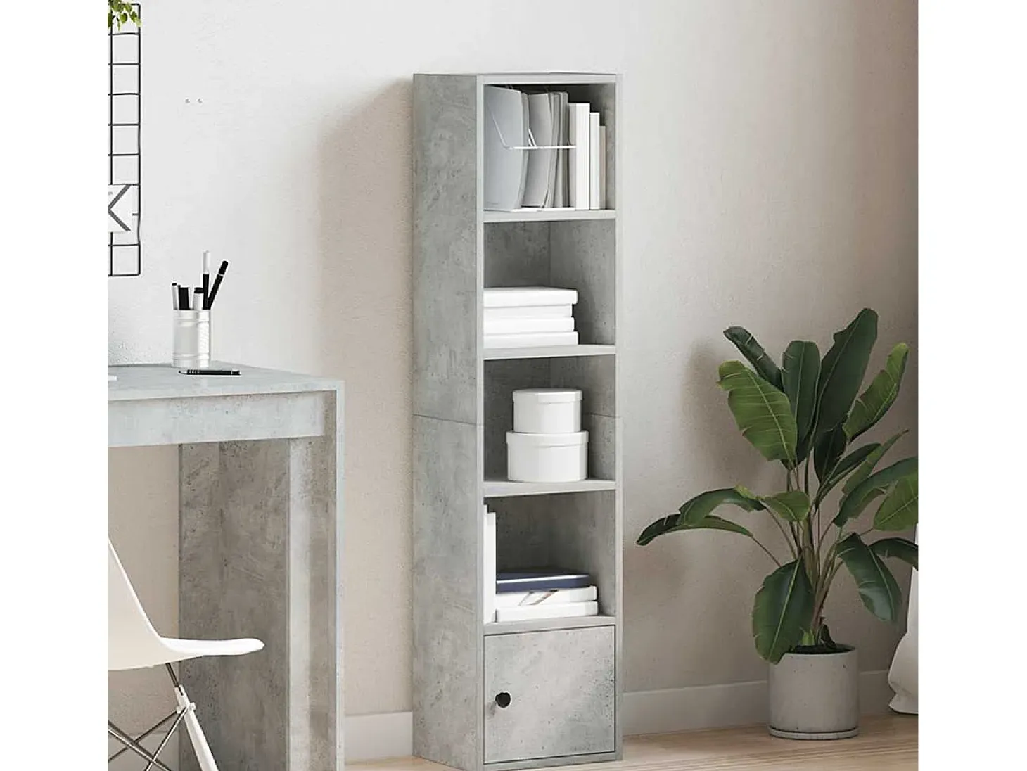 Estantería de madera de ingeniería gris hormigón 31x24x127 cm