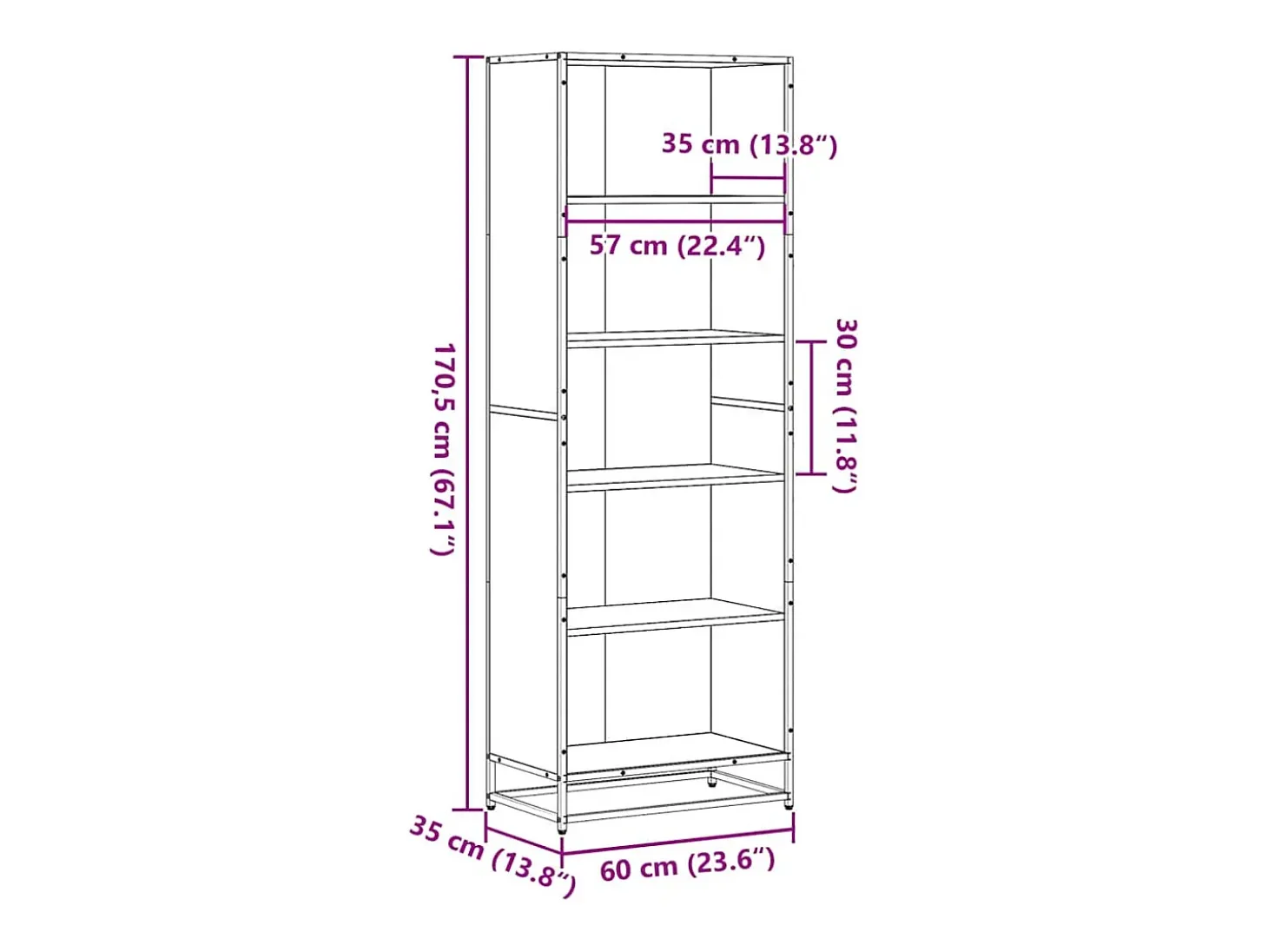 Estantería de madera de ingeniería negra 60x35x170,5 cm
