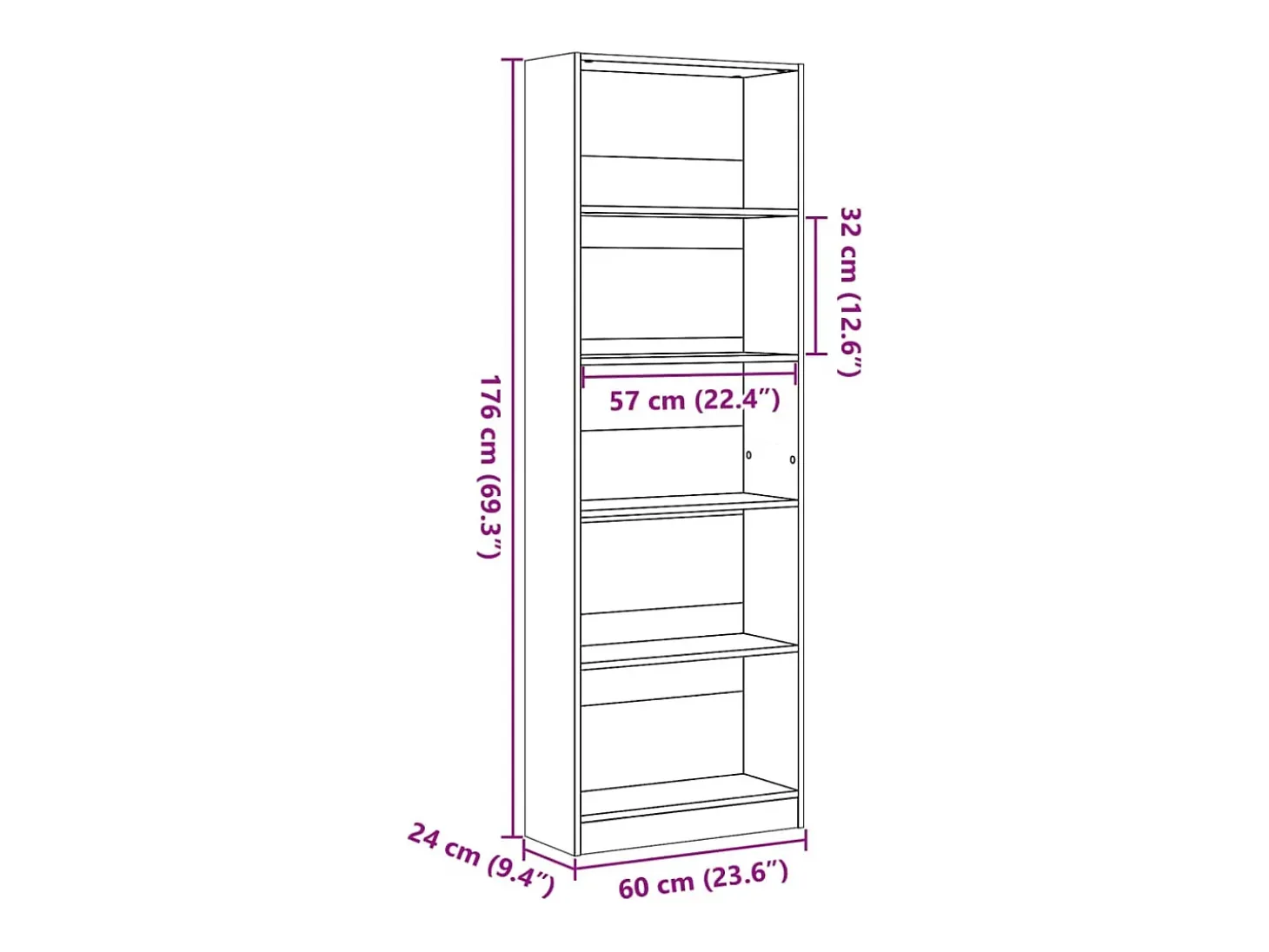 Estantería de madera de ingeniería gris hormigón 60x24x176 cm