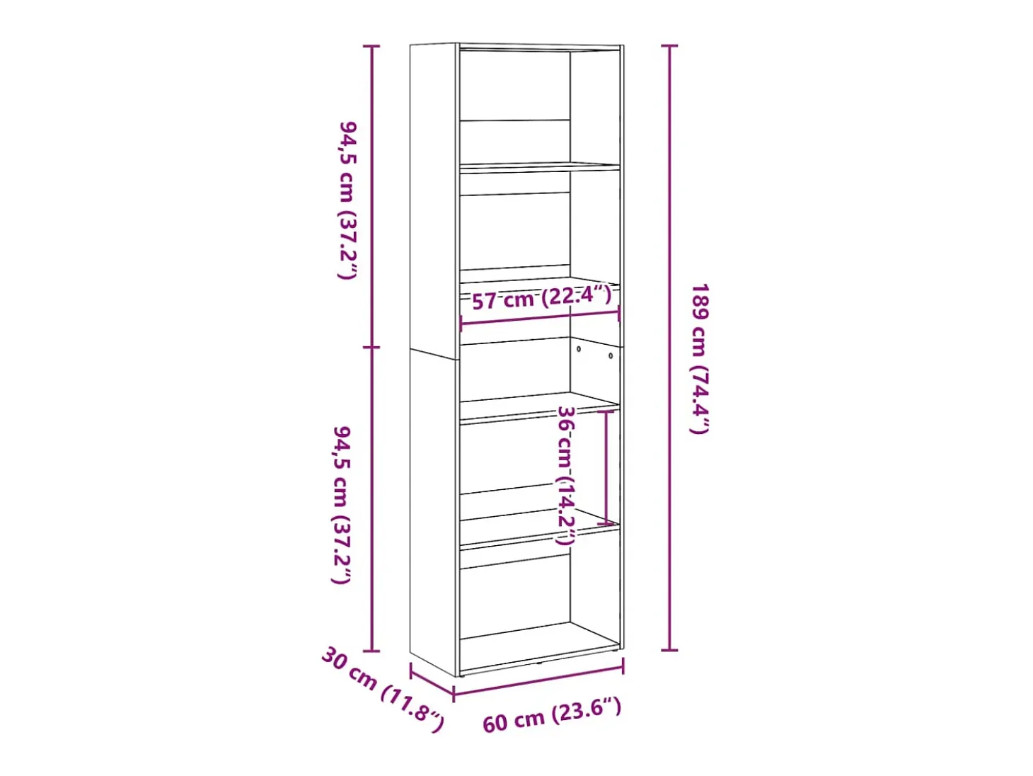 Estantería de madera de ingeniería blanca 60x30x189 cm