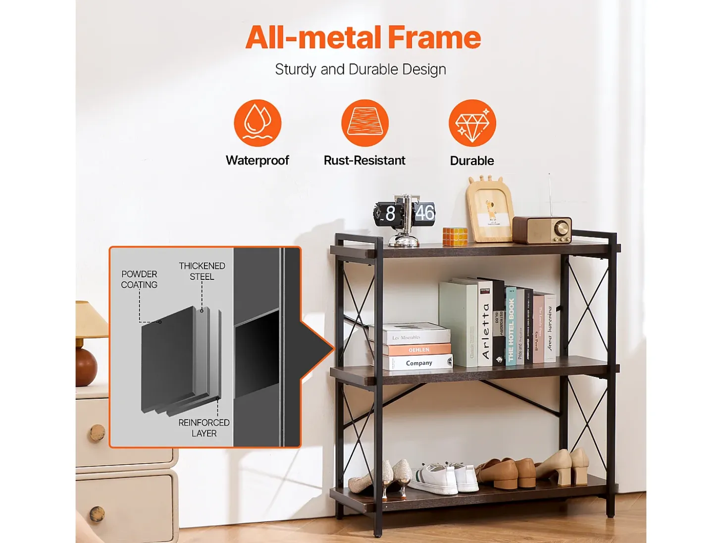 Estantería de Metal SucceBuy de 3 Niveles de Estilo Rústico para Sala de Estar y Oficina