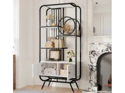 Estantería de metal y madera MDF - 3 estantes y 2 puertas - Blanco y negro