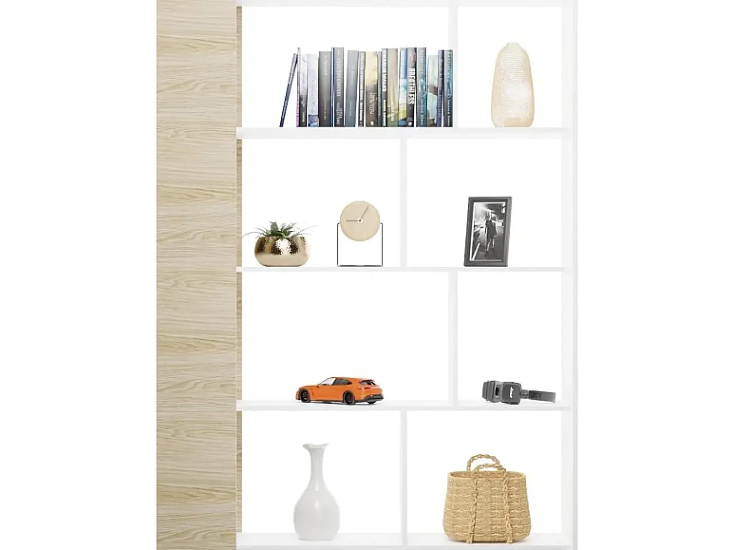 Estantería Decorativa, Librería, Separador Ambientes, Acabado en Roble y Blanco, Medidas: 176 cm (Alto) x 129 cm (Ancho) x 28 cm (Fondo) – Meyvaser