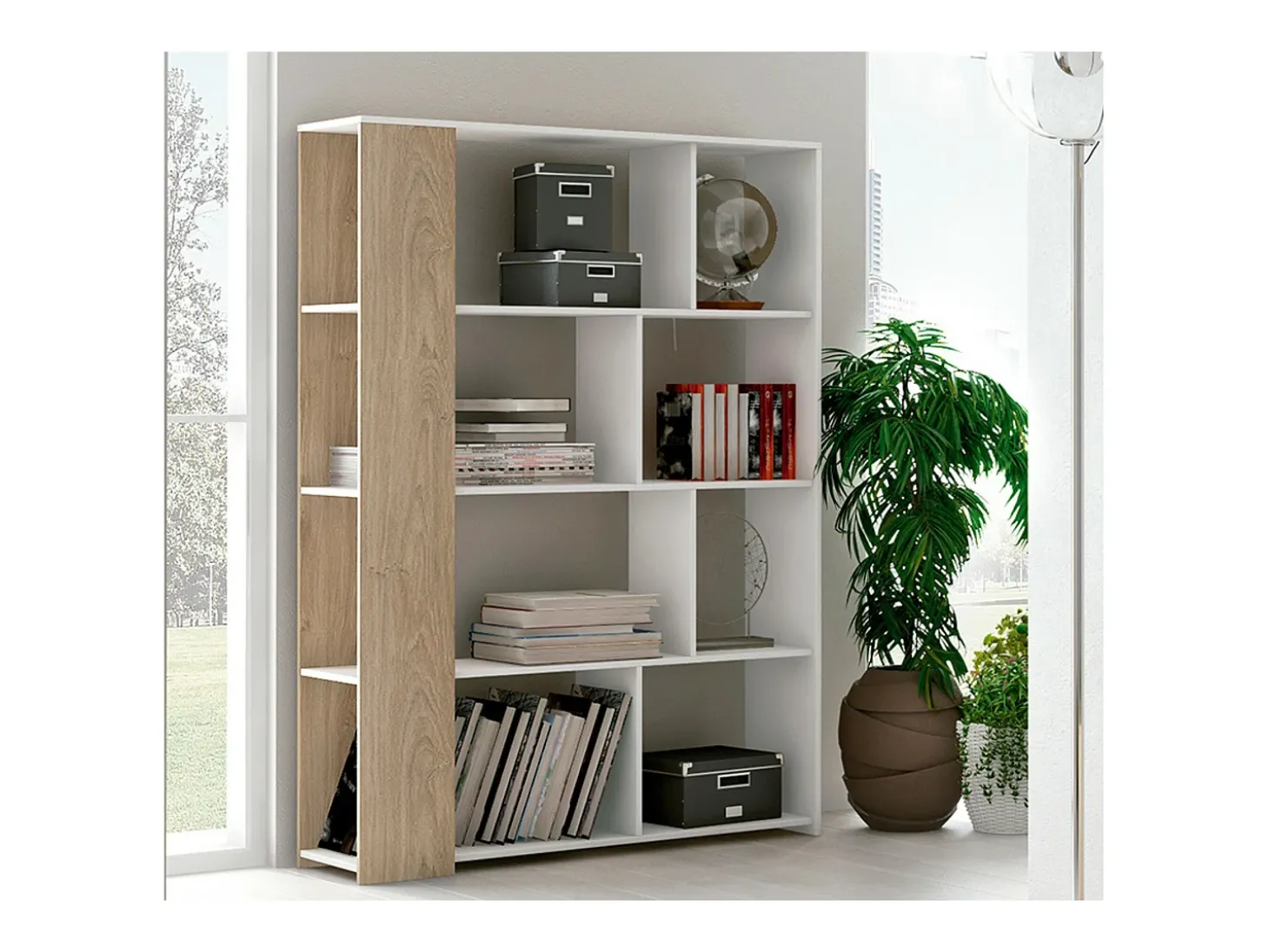 Estantería Decorativa, Librería, Separador Ambientes, Acabado en Roble y Blanco, Medidas: 176 cm (Alto) x 129 cm (Ancho) x 28 cm (Fondo) – Meyvaser