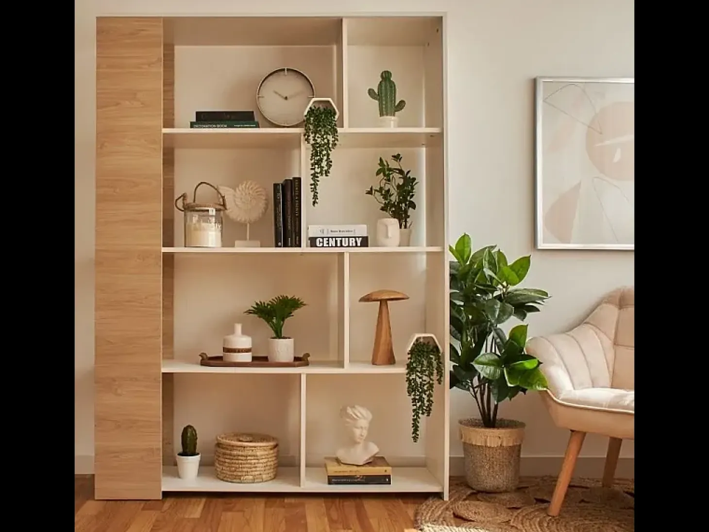 Estantería Decorativa, Librería, Separador Ambientes, Acabado en Roble y Blanco, Medidas: 176 cm (Alto) x 129 cm (Ancho) x 28 cm (Fondo) – Meyvaser