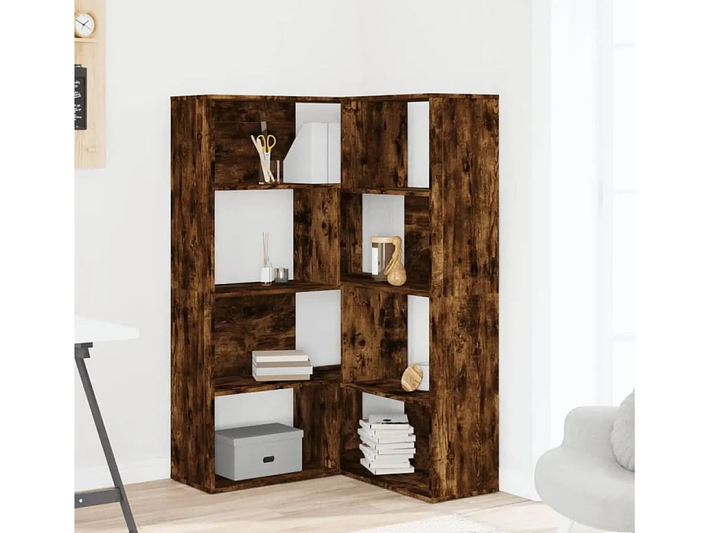 Estantería esquina 4 niveles madera roble ahumado 85x85x140 cm
