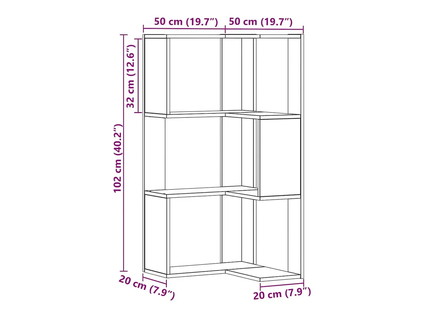 Estantería esquina 3 niveles madera roble artisan 50x50x102 cm