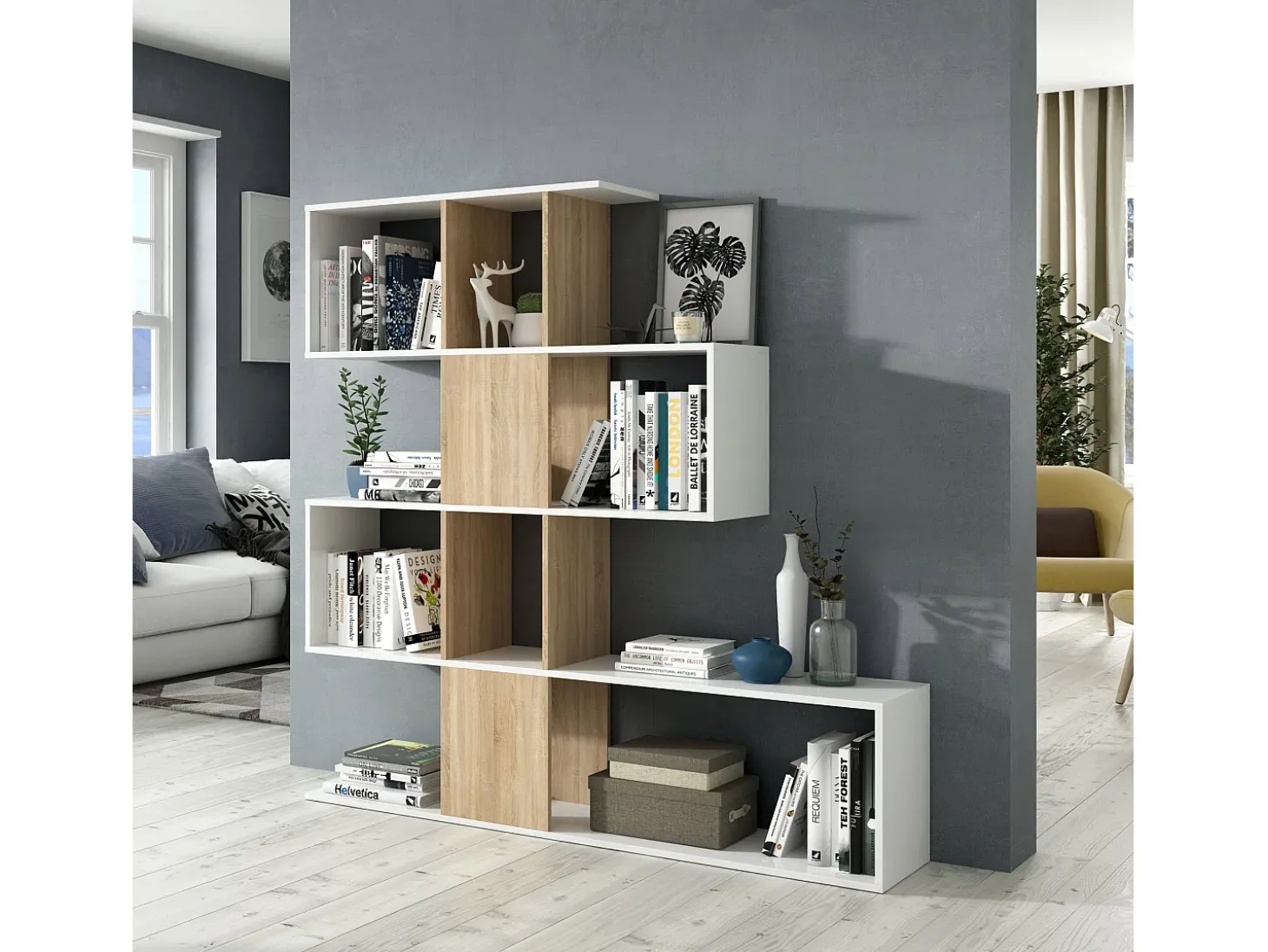 Estantería Librería Zeta Color Blanco/Roble 10 Huecos, para Salón o Comedor